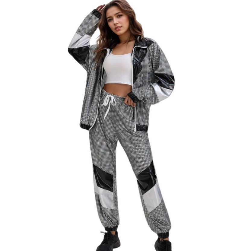 Womens Hip Hop Dance Costume Set 80s Disco Sportswear Two Piece Set Tracksuit